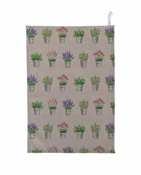 Flower Pots Spring Linen Look Tea Towel