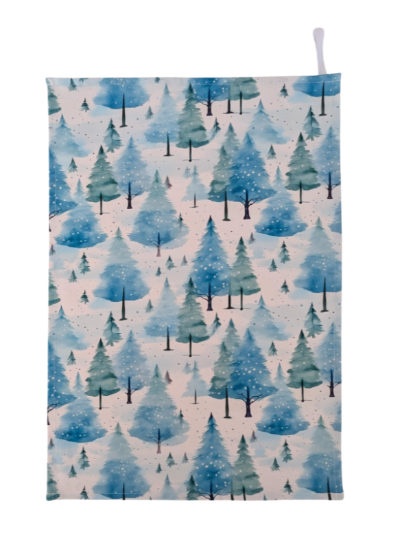 Blue Green Christmas Woodland Trees Tea Towel