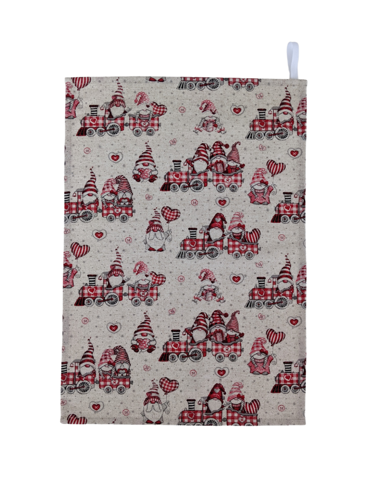 Christmas Gonk Gnome Elf Train Natural Tea Towel