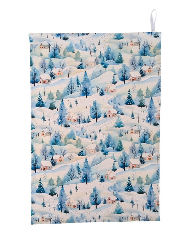 Blue Green Christmas Village Tea Towel