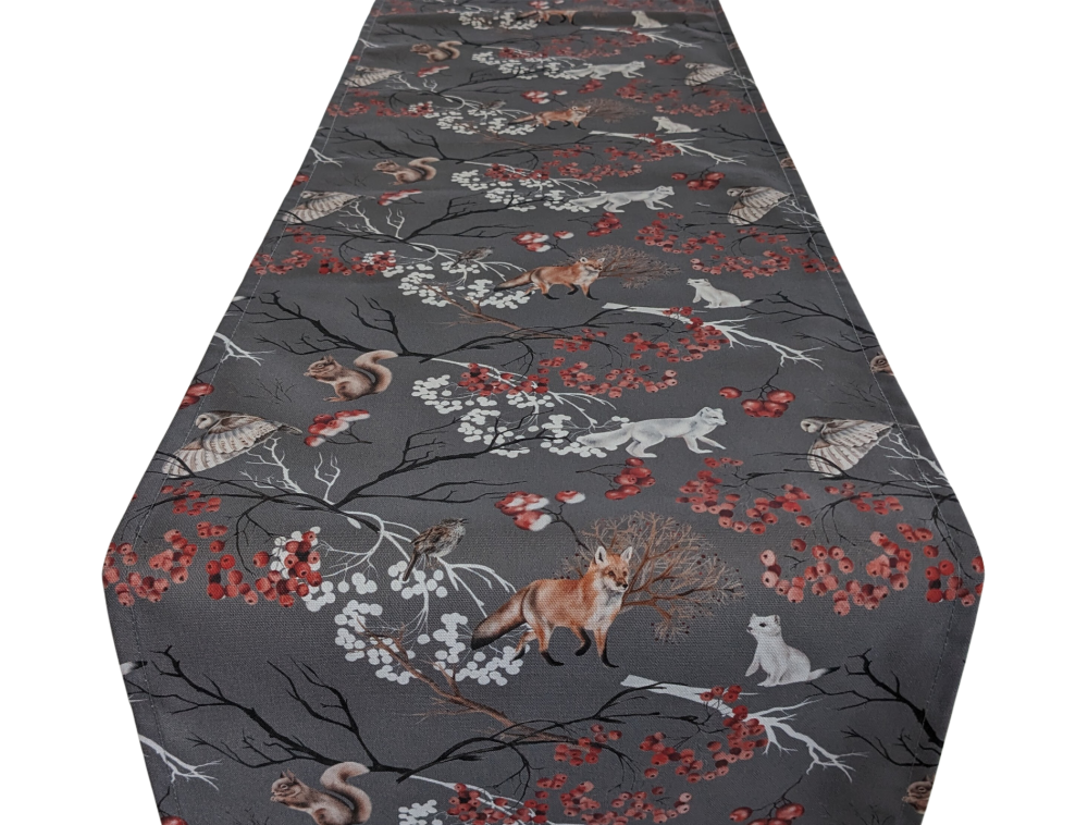 Winter Woodland Animals Grey Table Runner 100-250cm