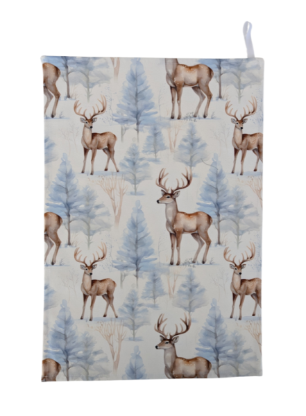 Blue Stag Christmas Woodland Tea Towel